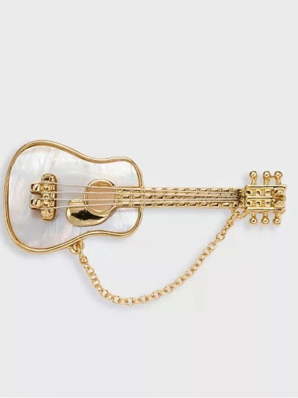 Anne Klein Guitar Pin Statement Brooch Gold Tone Mother Of Pearl Chain Gift Box